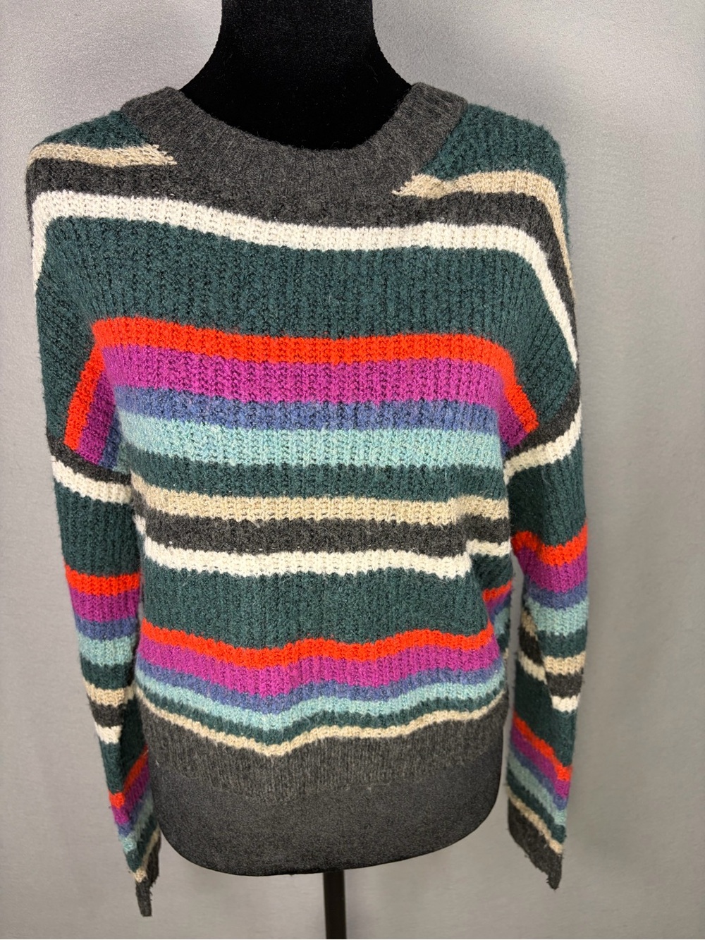 American Eagle Outfitters Teal Multicolor Striped Crewneck Sweater